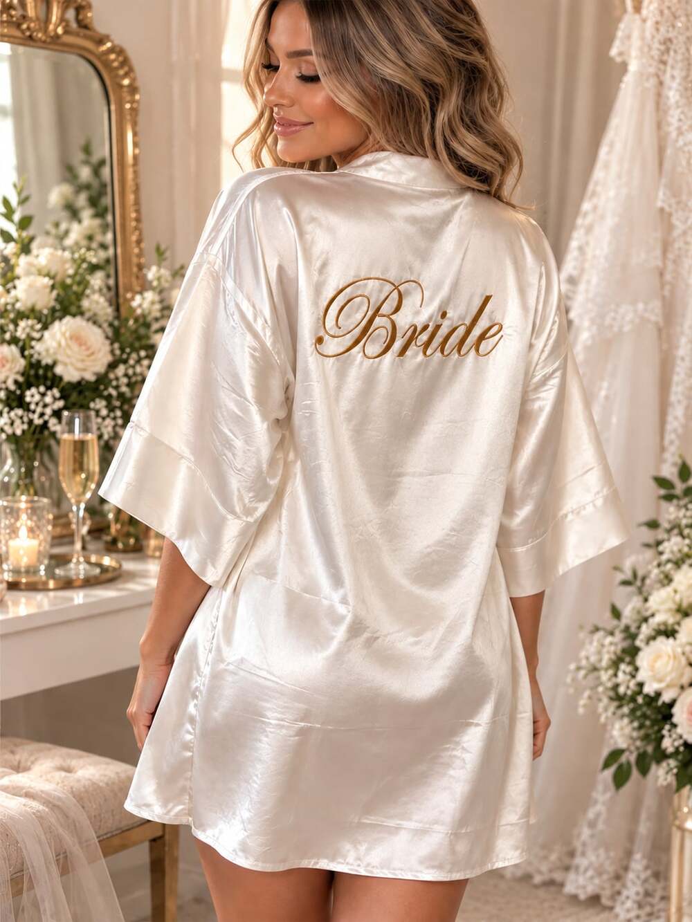 White Satin Bride Robe with Gold Embroidered Script No Belt